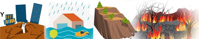 Illustration of building damage, flooding, a landslide, and fire